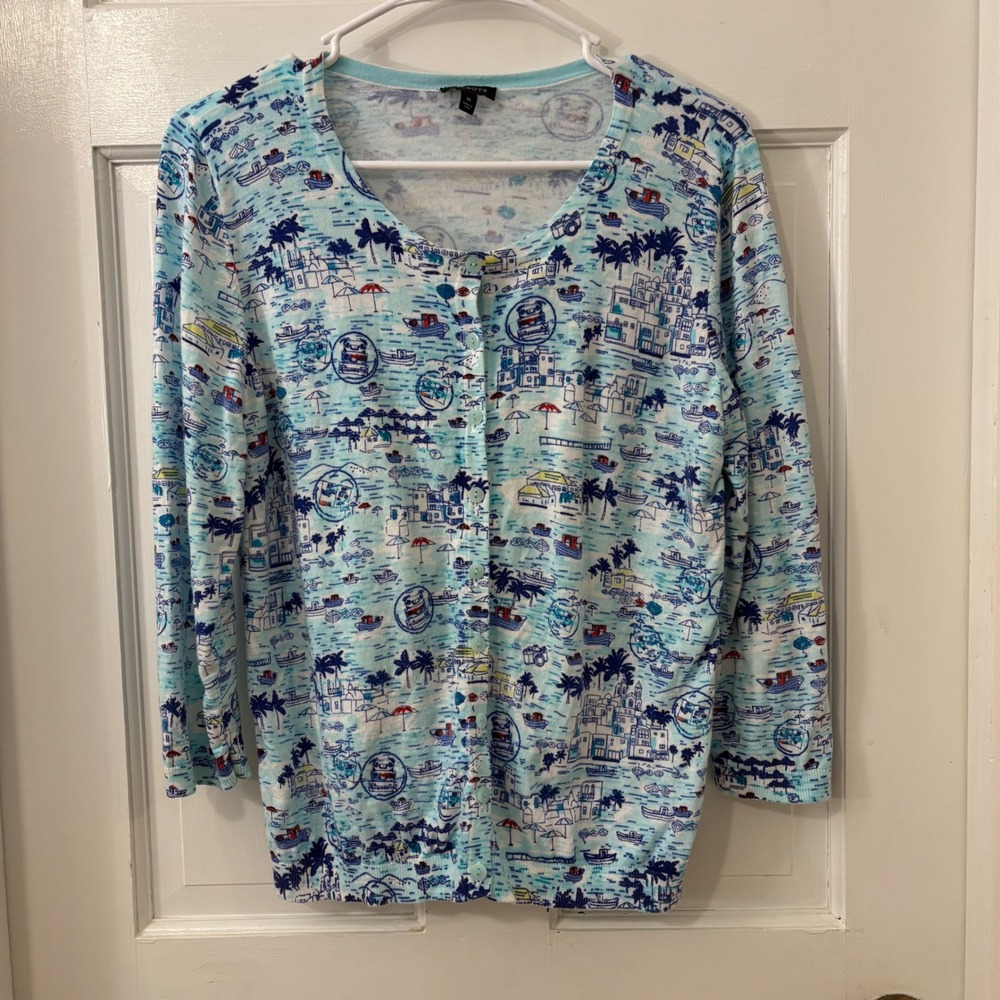 Talbots Nautical Coastal Beach Scene Cardigan M Preppy Resort Travel Tropical